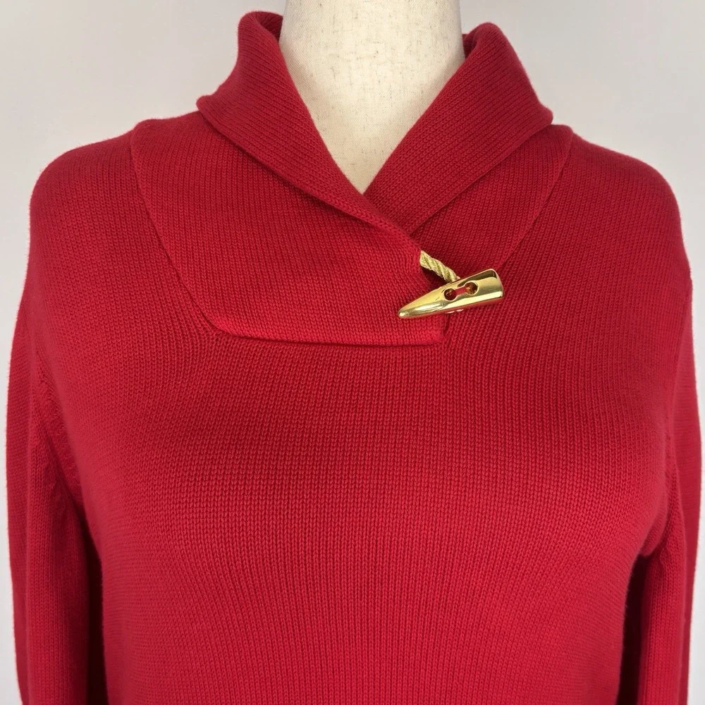 Lauren Ralph Lauren Sweater Women's XL Red Cotton Knit Shawl Neck Toggle‎ Button